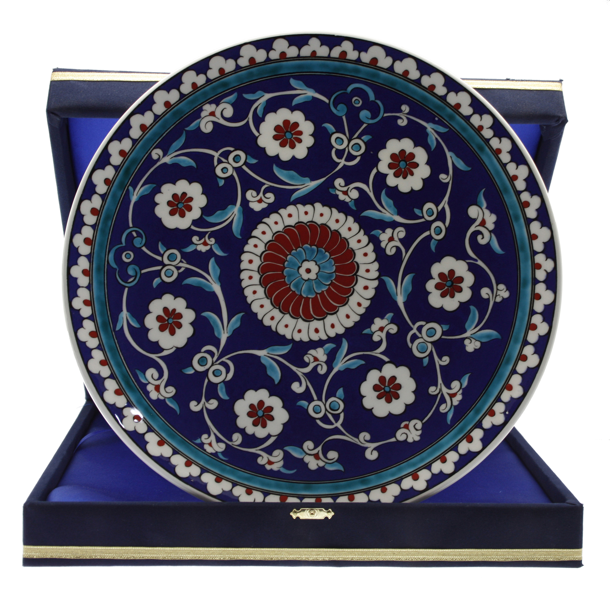 Mavi Zemin Lotus Çiçeği Dekorlu Kurumsal Kadife Kutulu Hediyelik Çini Seramik Tabak 30 Cm