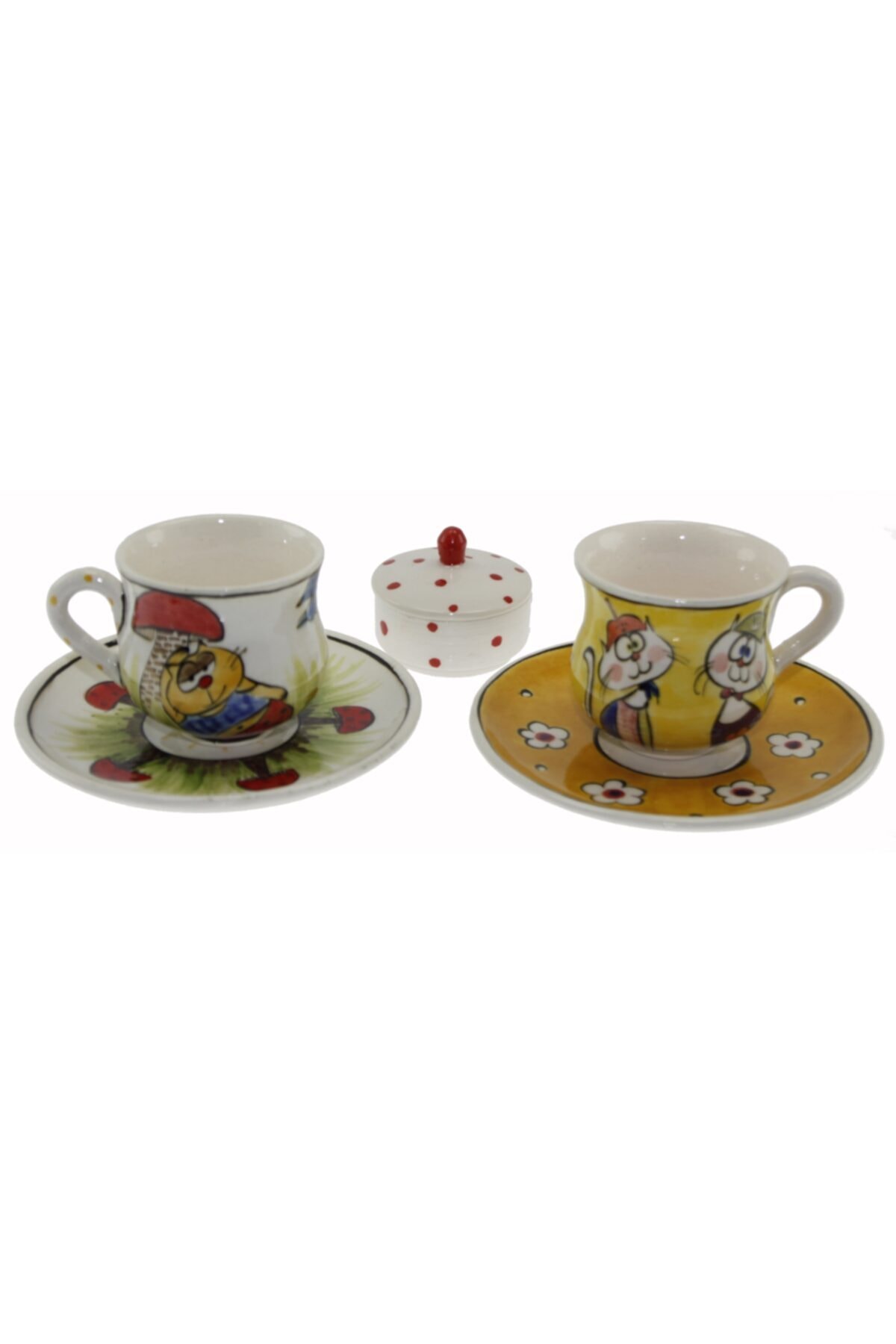 Miskin Ve Siesta Kediler Dekorlu Çini Seramik Kahve Fincanı Set Lokumluklu T:12cm F:6x8cm L:5cm