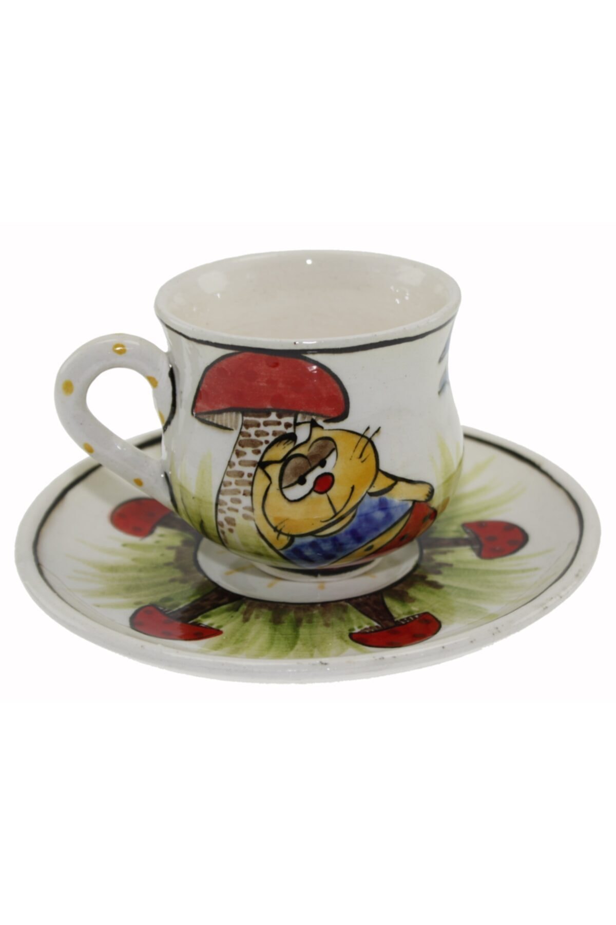 Siesta Kedi Dekorlu Çini Seramik Kahve Fincanı Tekli Tabak:12cm Fincan:6x8cm