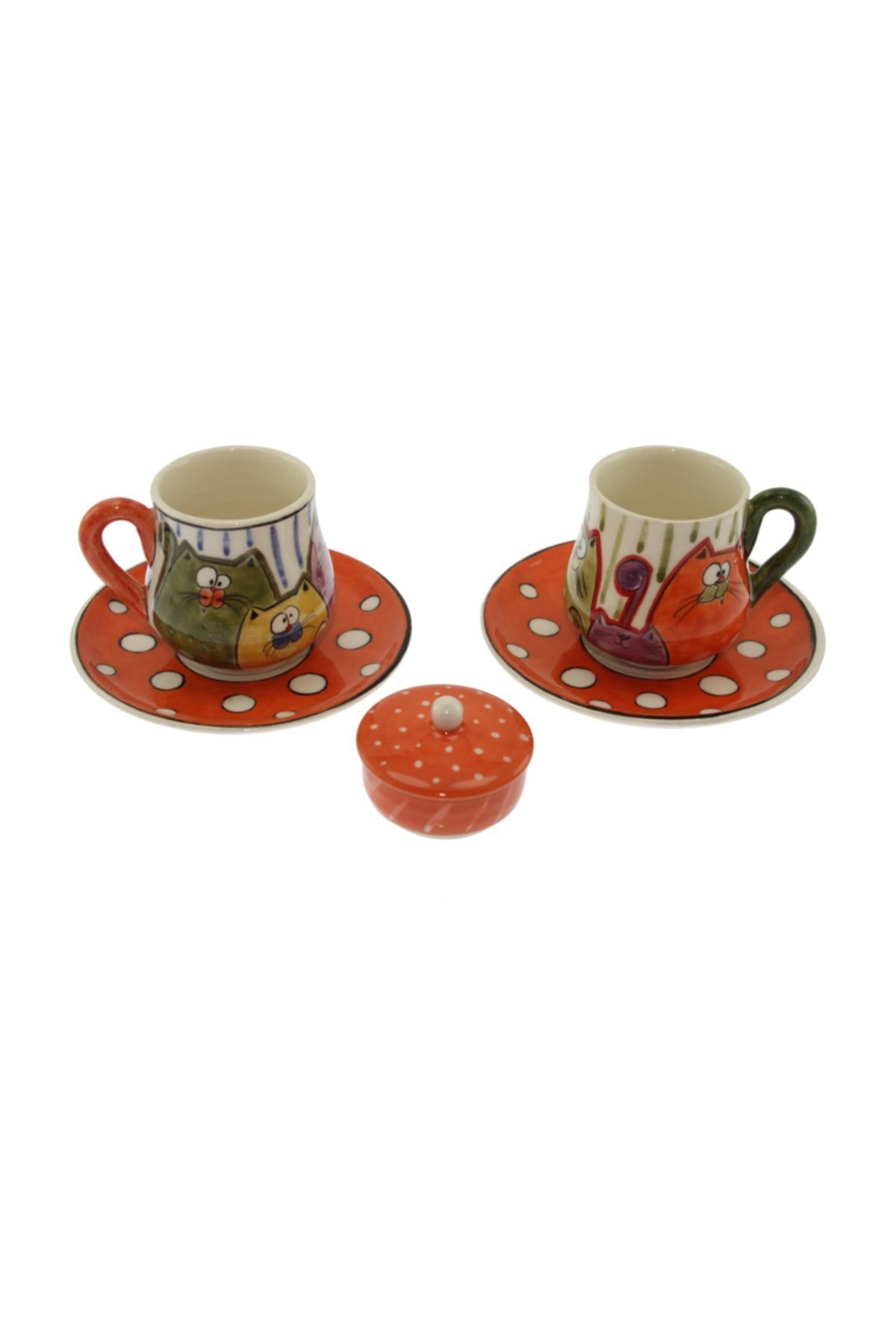 Turuncu Zemin Karton Kediler Dekorlu Çini Seramik Kahve Fincanı Set Lokumluklu T:12cm F:6x8cm L:5cm