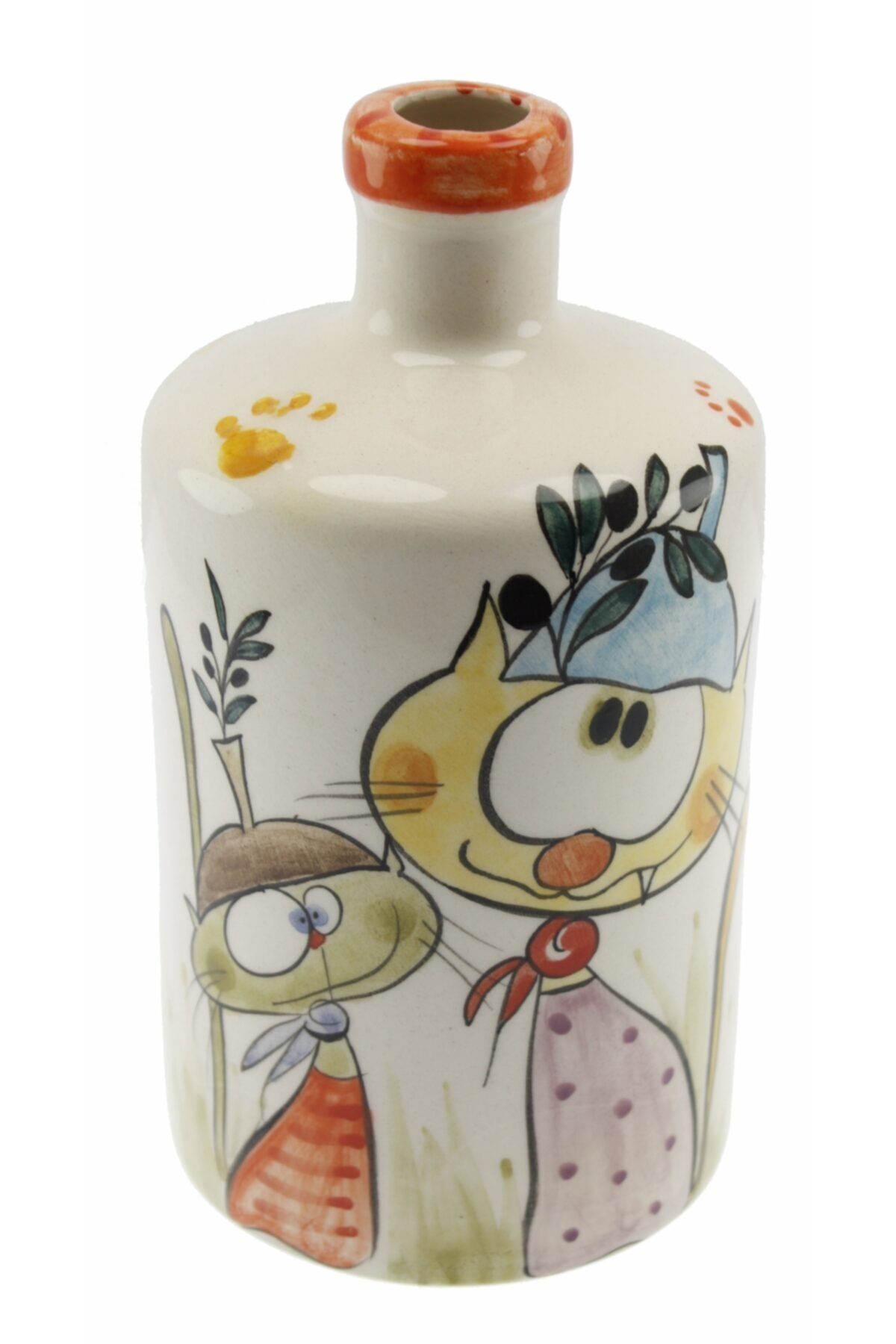 Zeytinli Hunili Kediler Dekorlu Seramik Zeytinyağı Şişesi 500 ml