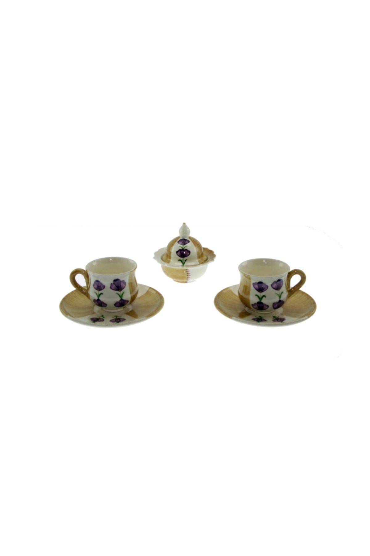 Mor Gonca Dekorlu Çini Seramik Kahve Fincanı Set Lokumluklu T:12cm F:6x8cm L:5cm