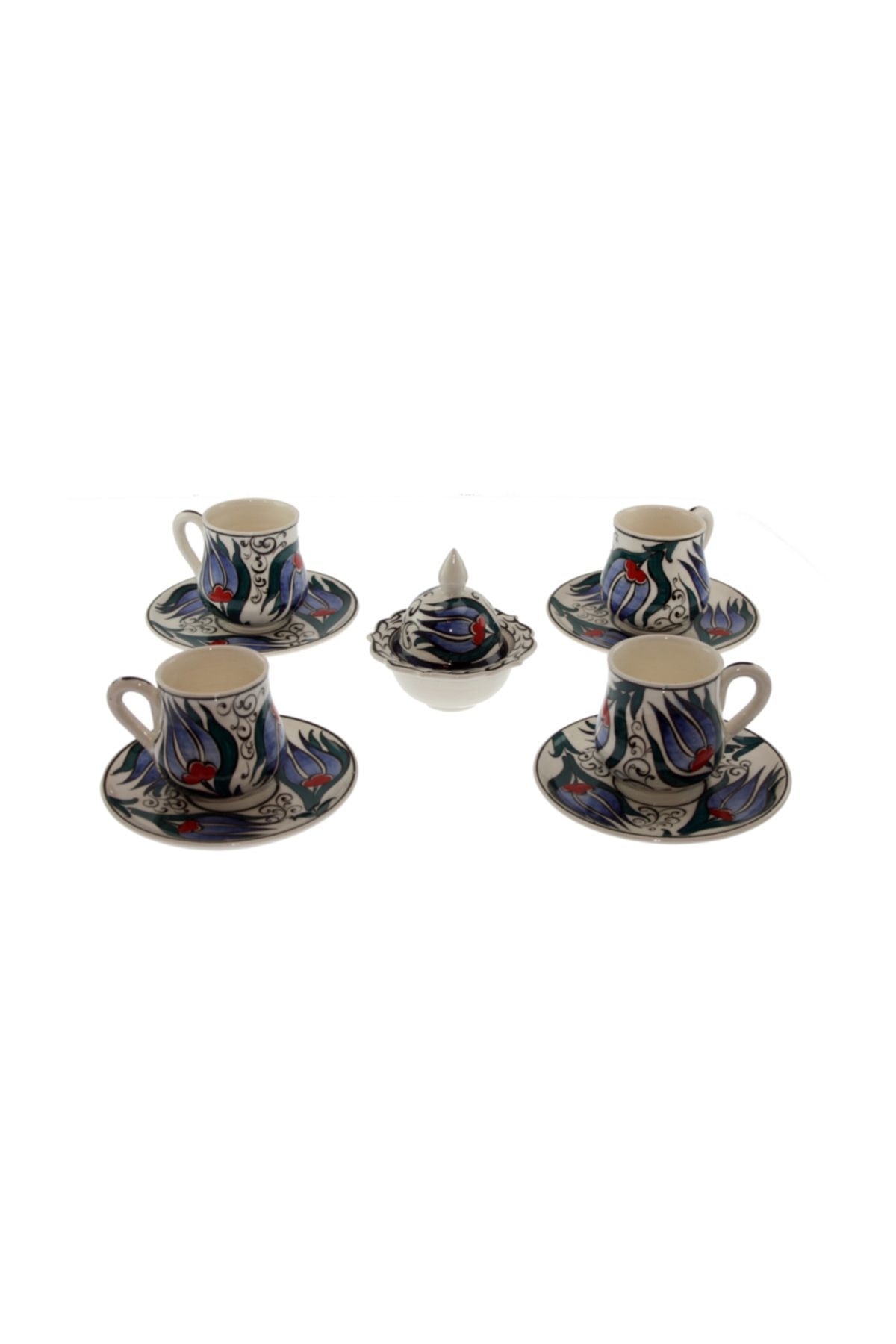 Mavi Zemin Lale Dekorlu Çini Seramik Kahve Fincanı Set Lokumluklu T:12cm F:6x8cm L:5cm