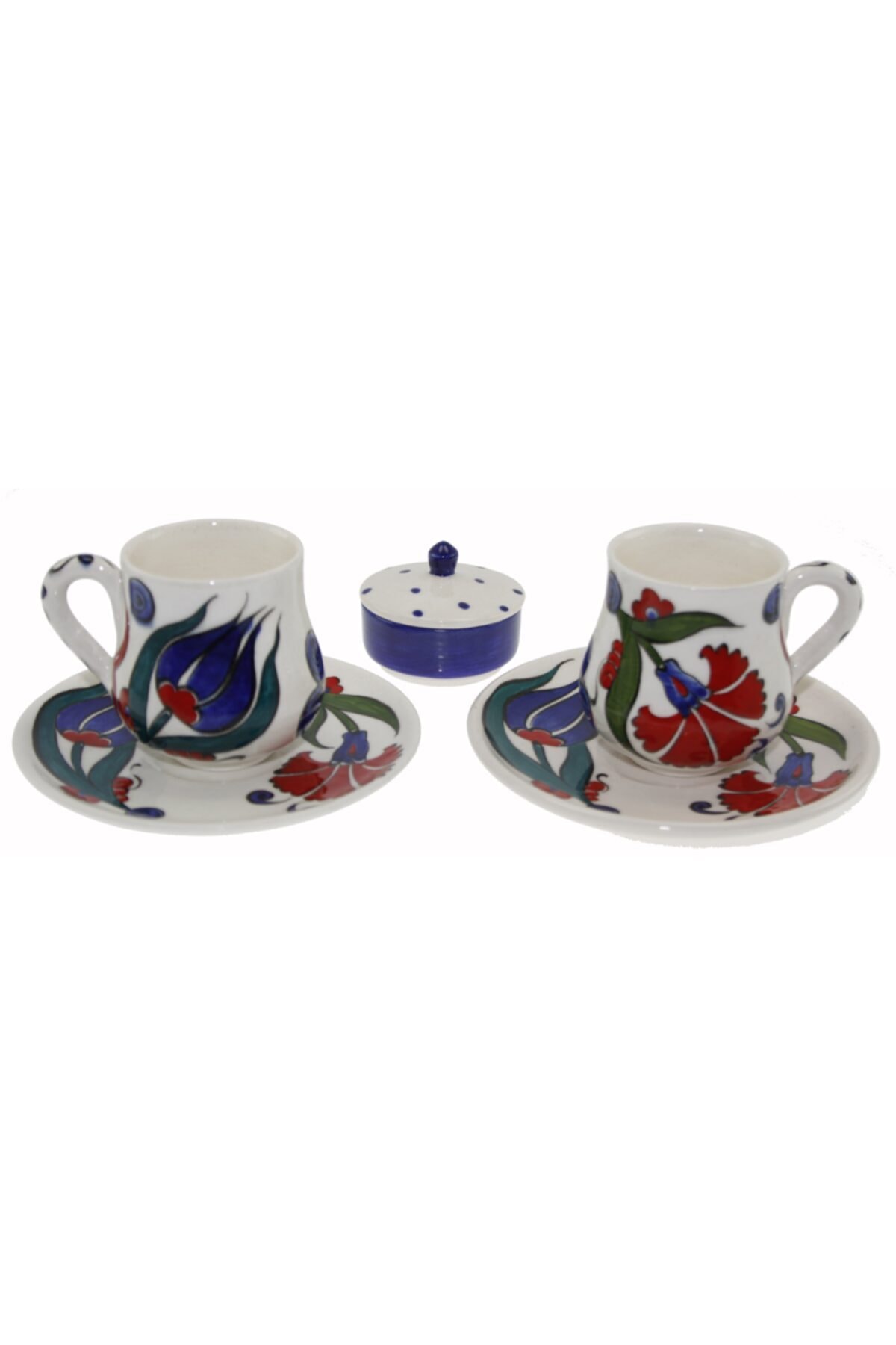 Lale Karanfil Dekorlu Çini Seramik Kahve Fincanı Set Lokumluklu T:12cm F:6x8cm L:5cm