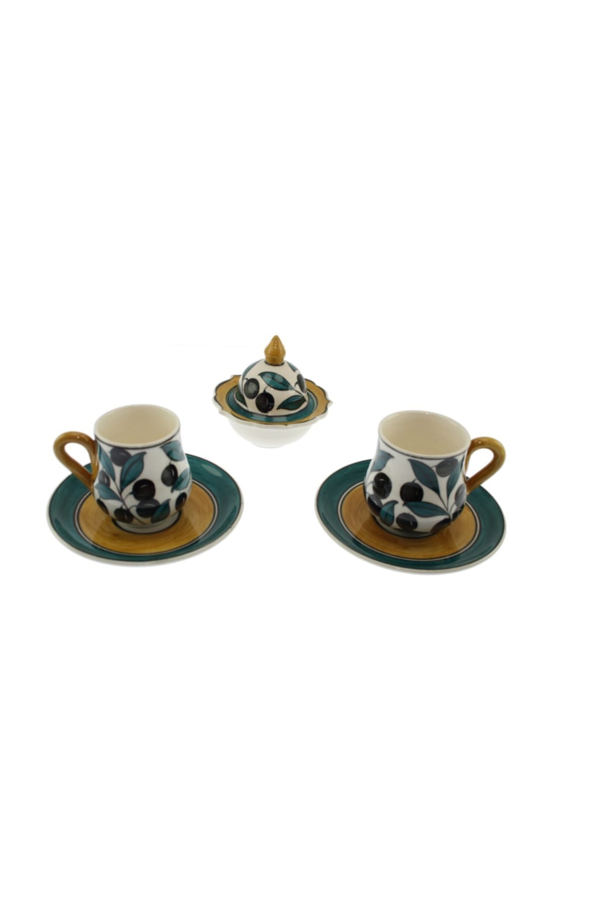 Siyah Zeytin Bezemeli Dekorlu Çini Seramik Kahve Fincanı Set Lokumluklu T:12cm F:6x8cm L:5cm